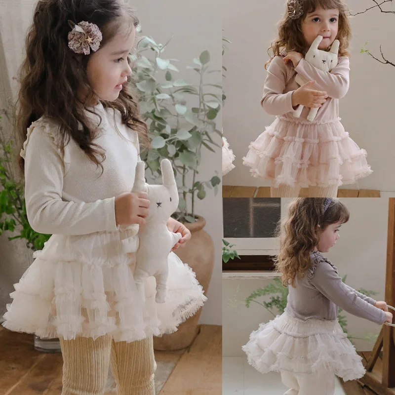 

2025 Spring Autumn New Korean Girls Half High Collar Bottom Splicing Puff Mesh Long Sleeve Girls Dress