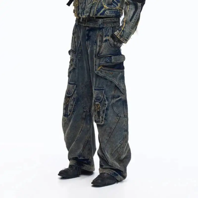 HKSH Spring Autumn New Men Safari Style Vintage Corduroy Multi-pocket Zippers Sashes Fashion Trendy Wide-Leg Cargo Pants HK16707