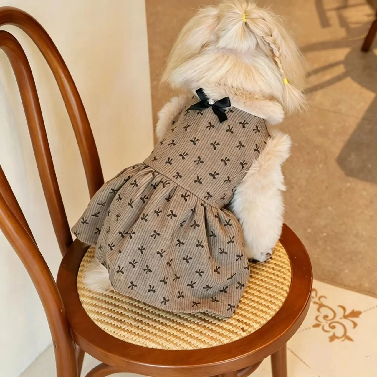 Cat Dog Corduroy Lining Fleece Double-Layer Dress Cute Bowtie Patten Suitable for Winter Puppy Dogs
