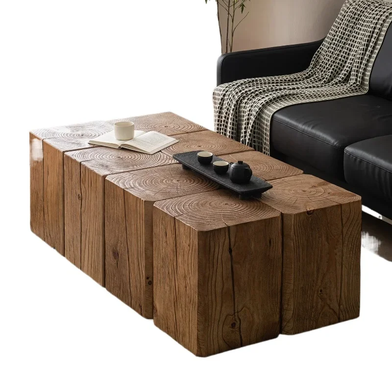 

Retro and old square solid wood pier hotel ornament combination coffee table stump wood stump homestay log flower stand base