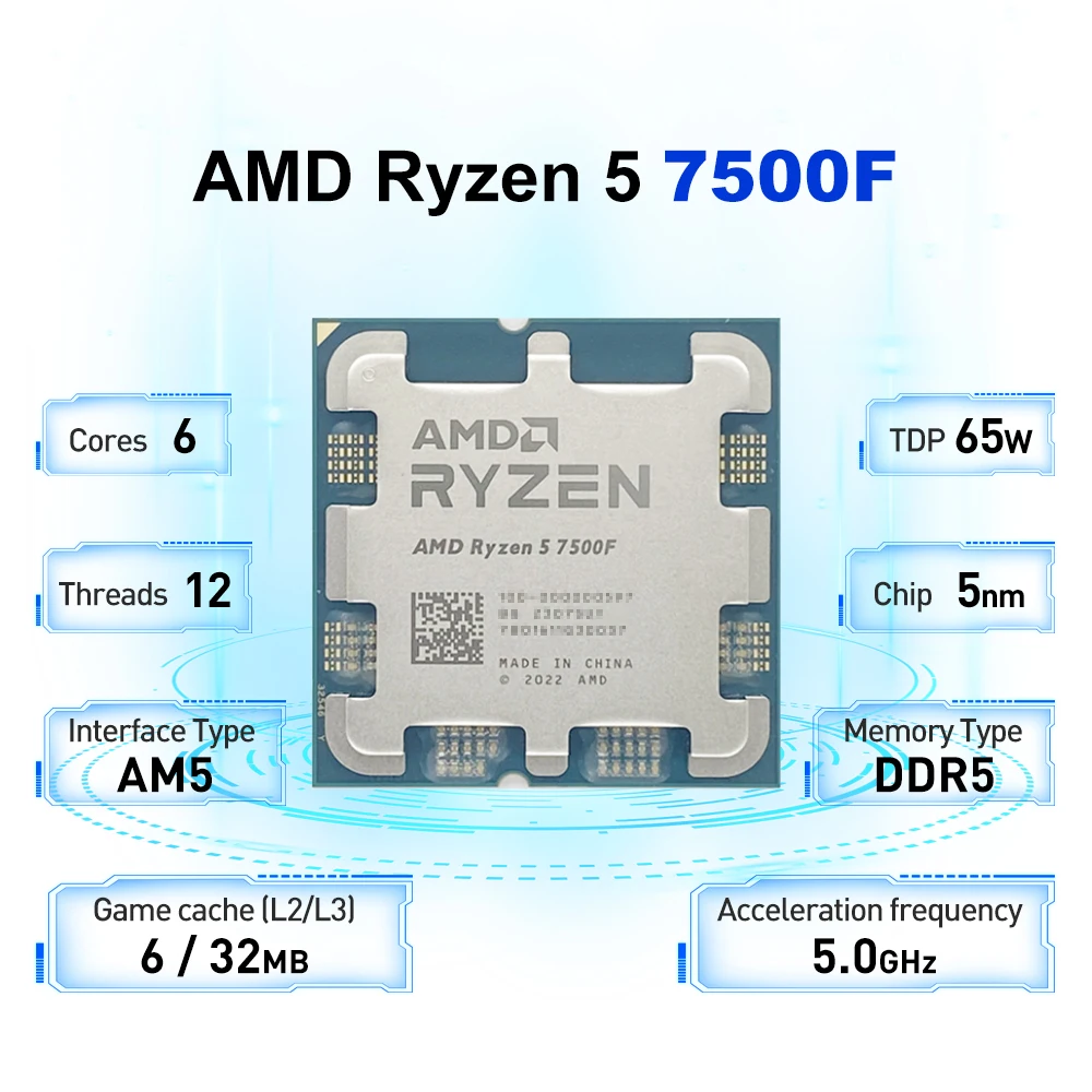 AMD Ryzen 5 7500F 3.7GHz 6-Core 12-Thread R5 7500F Processor 65W  5NM L3=32M DDR5 Socket AM5 No Fan