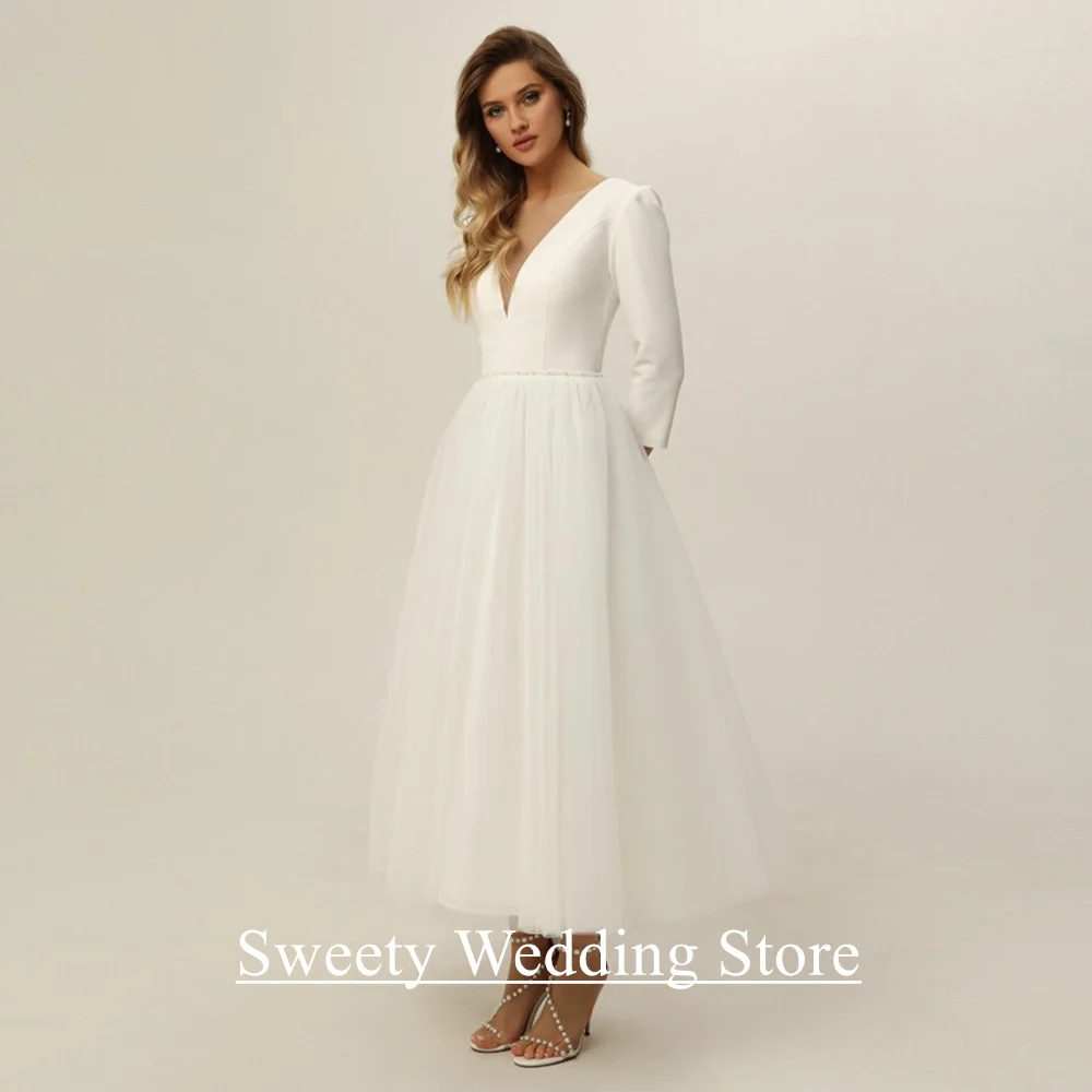 

Short Wedding Dress Robe De Mariee Customized V Neck Long Sleeves Beading Belt A Line Bridal Gown Ankle Length Bride Dresses