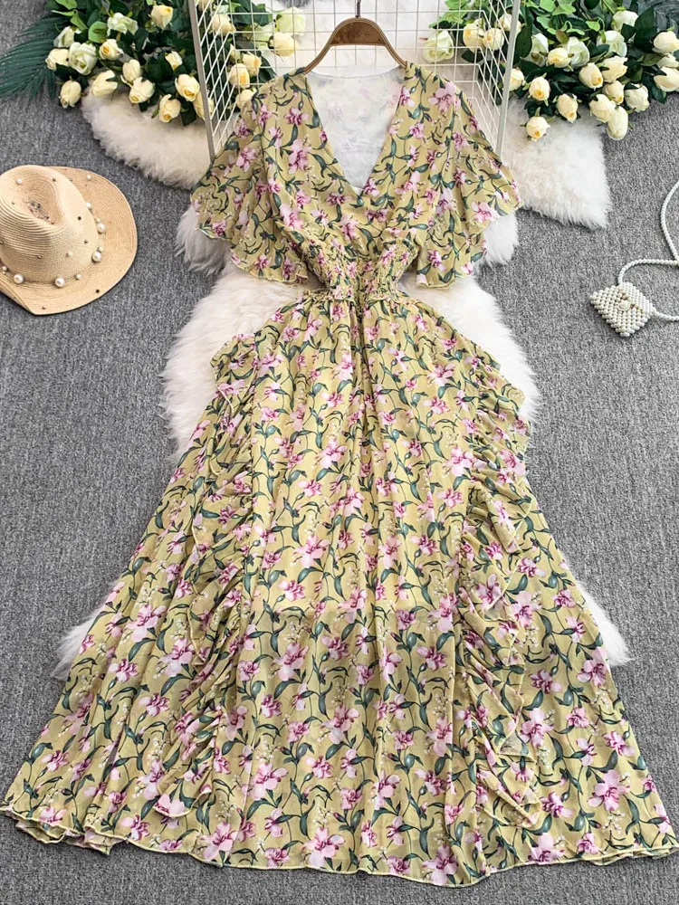 ビーチバケーションロングVネック細見えウエストスカート レディース 夏 2025 新作 セクシー 花柄プリント シフォンAラインスカート