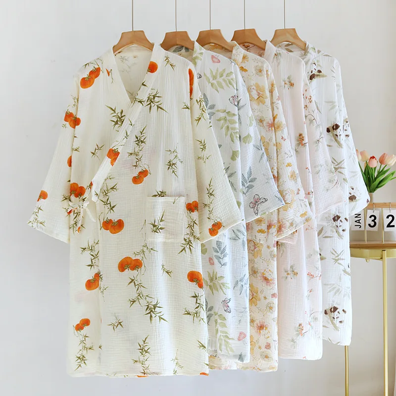 

Spring Summer Thin 100% Cotton Gauze Nightgown Ladies Japanese Kimono Yukata Cotton Sleepwear Cardigan Long Dress Shower Robe