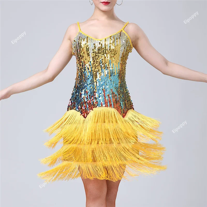 Erwachsene Pailletten Quaste Latin Dance Kleid Frauen professionelle Tango Rock Jazz Salsa Tanzen Kostüm Wettbewerb Karneval tragen