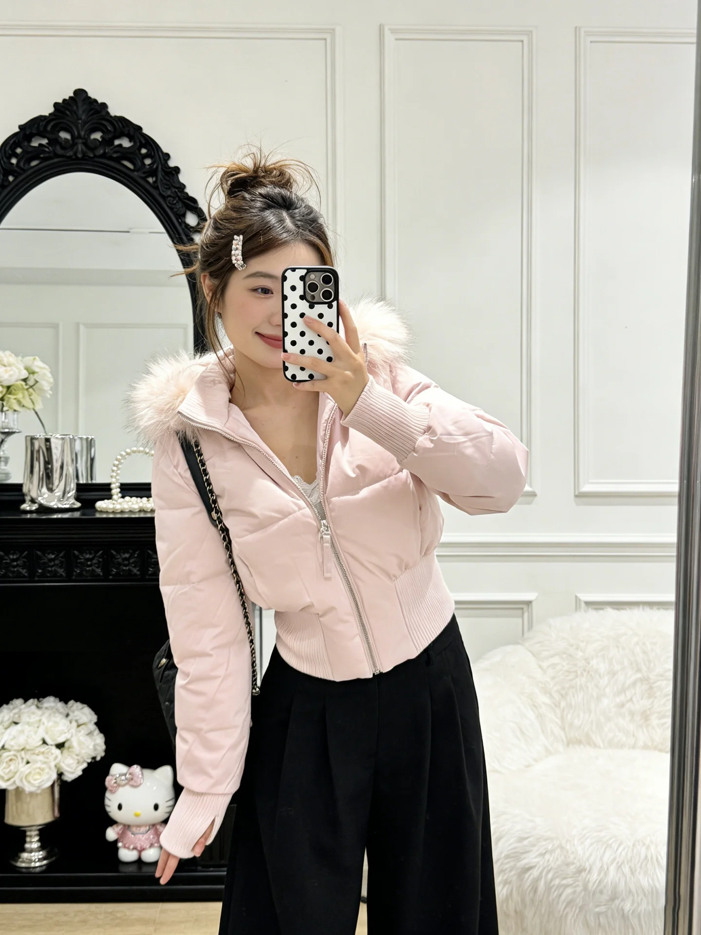 

Розовая приталенная короткая куртка-пуховик с большим меховым воротником, женское осенне-зимнее новое пальто с капюшоном в корейском стиле, хлопковый пуховик