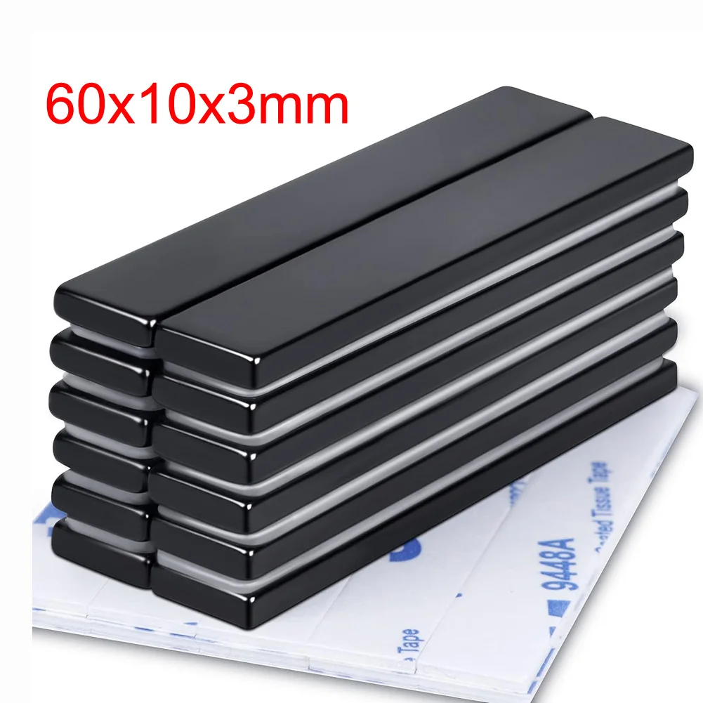 Waterproof Strong Bar Magnets, Strong Rare Earth Magnets with Epoxy Coating and Double- Sided Adhesive 60x10x3 mm