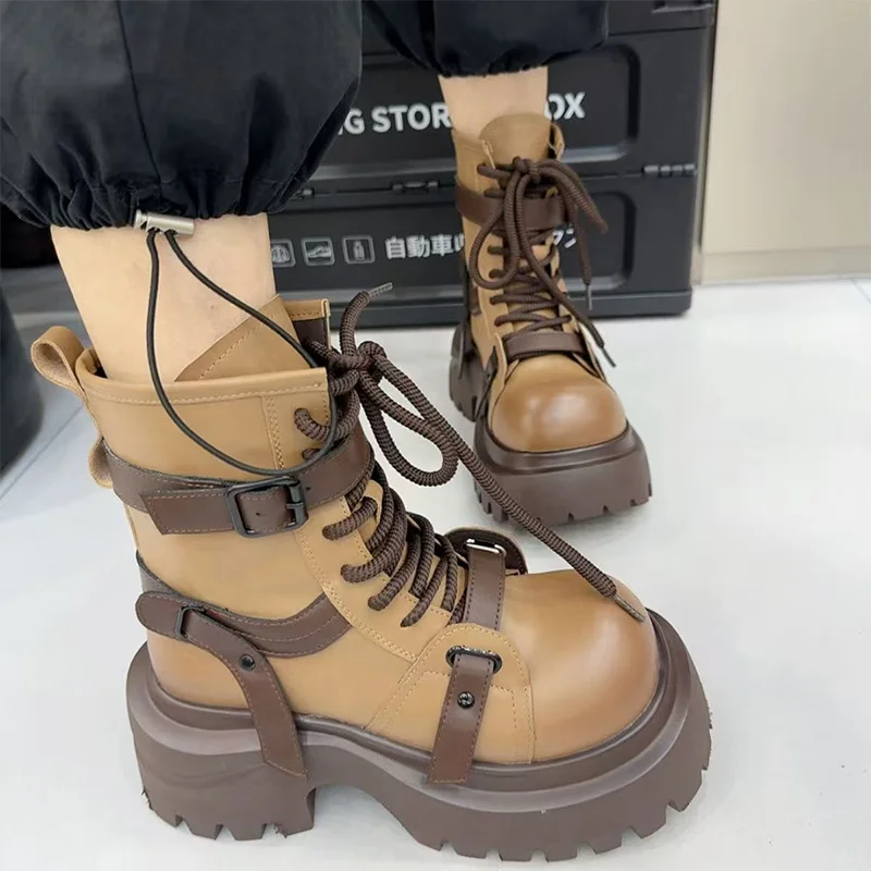 

Platform Women's Ankle Boots Mid Heels Designer Woman Shoes 2025 Fashion Goth Boots New Winter Lace Up Sport Chelsea Mujer Botas