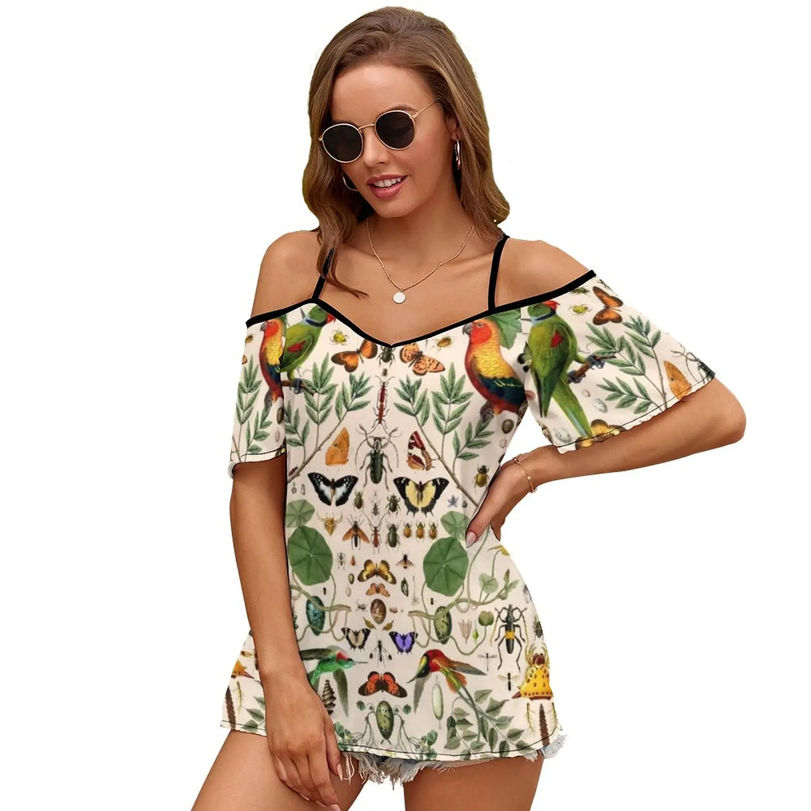 女性のためのヴィンテージプリントTシャツ,セクシーなジッパートップ,ナチュラルバタフライ,シームレス,詳細,404