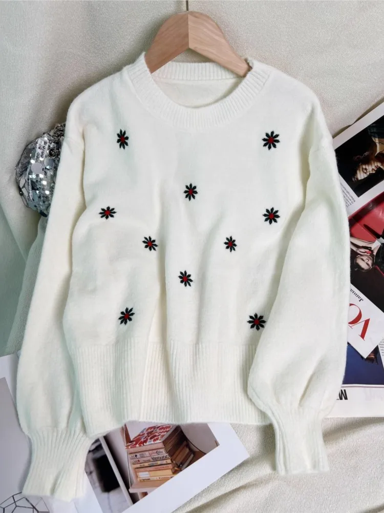 

Новый удобный повседневный вязаный пуловер с вышитыми цветами, осенне-зимний свитер с круглым вырезом, милый шикарный женский свитер с длинными рукавами