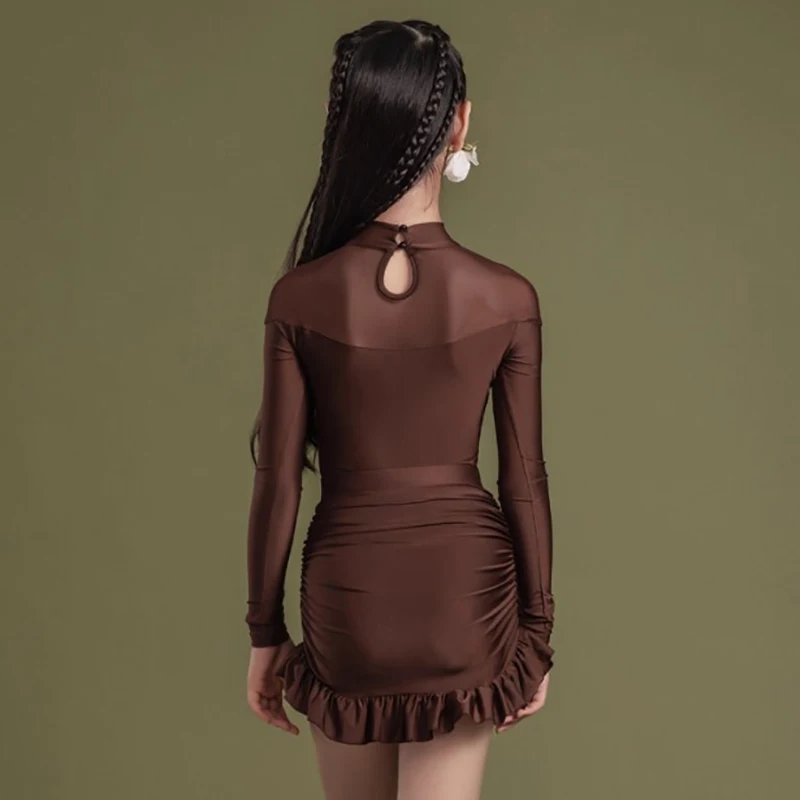 

Коричневый детский костюм для латинских танцев для девочек, боди с длинными рукавами и складная юбка, детская профессиональная танцевальная одежда для выступлений