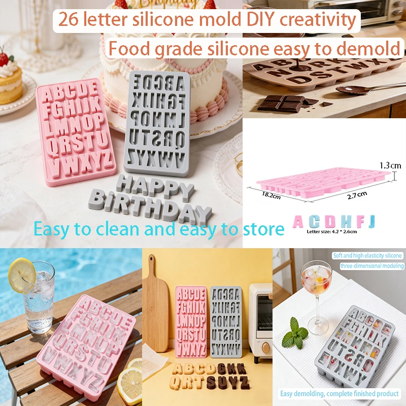 26-Loch-Schokoladenform mit englischen Buchstaben, antihaftbeschichtet, für Backutensilien, Eisgitter, Süßigkeiten, Silikon-Kuchenform, hochtemperaturbeständig