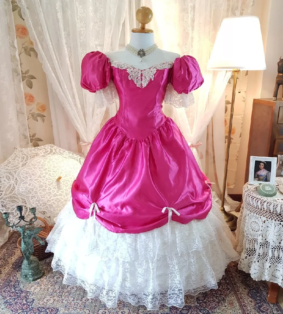 

Classic Hot Pink Gothic Wedding Dress Celtic Short Sleeve Lace Retro Bride Dress 1860s Victorian Renaissance Bridal Customized