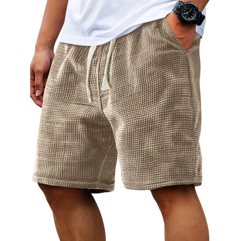Summer men's waffle shorts elastic drawstring waist loose casual shorts men's breathable beach vacation shorts with pockets