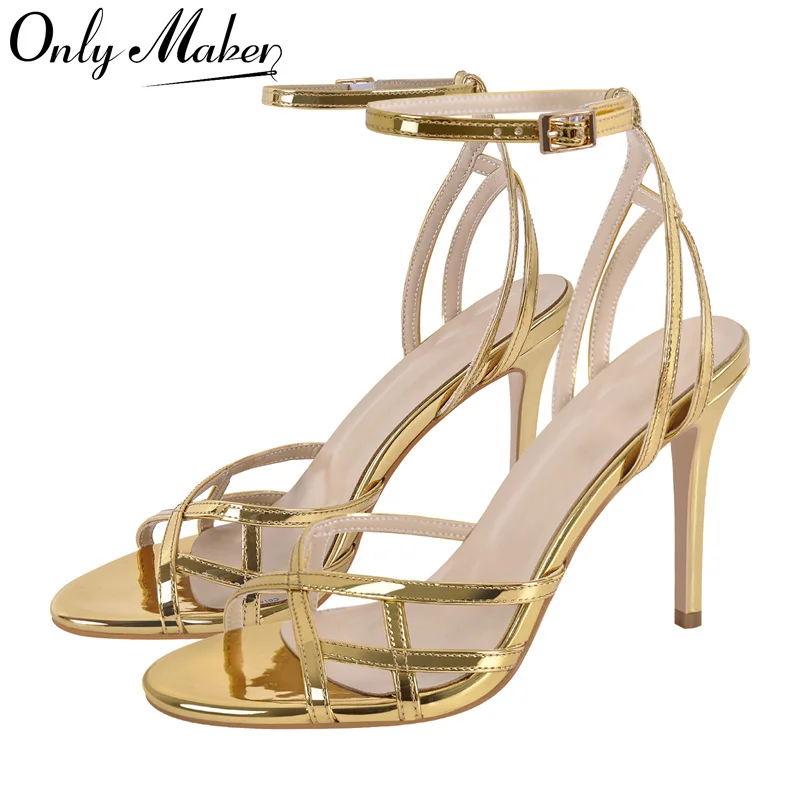 Onlymaker Women Peep Toe Gold 10 CM Thin High Heels Sandals Ladies Buckle Strap Open Toe Sexy Party Stiletto Sandals