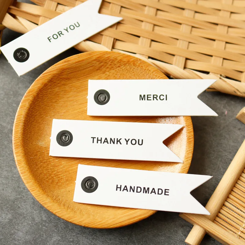 50pcs White Paper Gift Hang Tags Merci Thank You Paper Label for Price Tag Gift Box Tags with Hemp String Handmade Party Favors