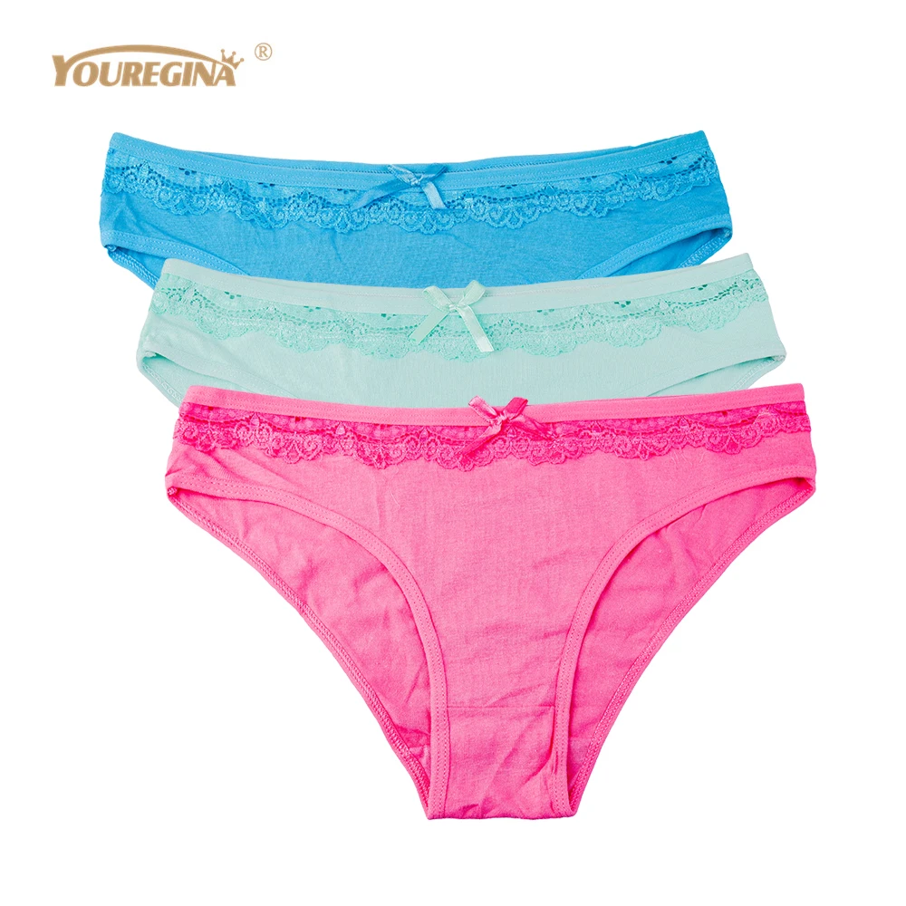 YOUREGINA Lace Women Cotton Briefs Underwear Sexy Cute Print Panties Breathable Ladies Underpants Female Intimates 3 pcs/set