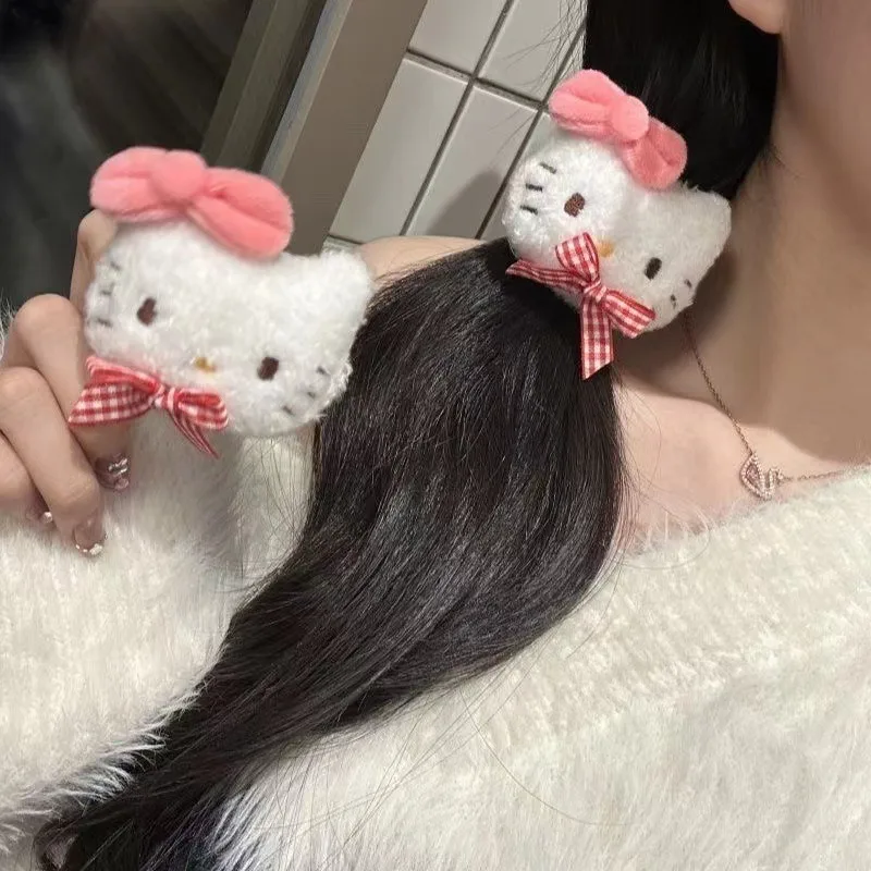 Sanrio Cute Hello Kitty Plush Bow Hair Clip Sweet Girly Heart Kawaii Large Intestine Hair Band Party Hairpin Hair Accessories