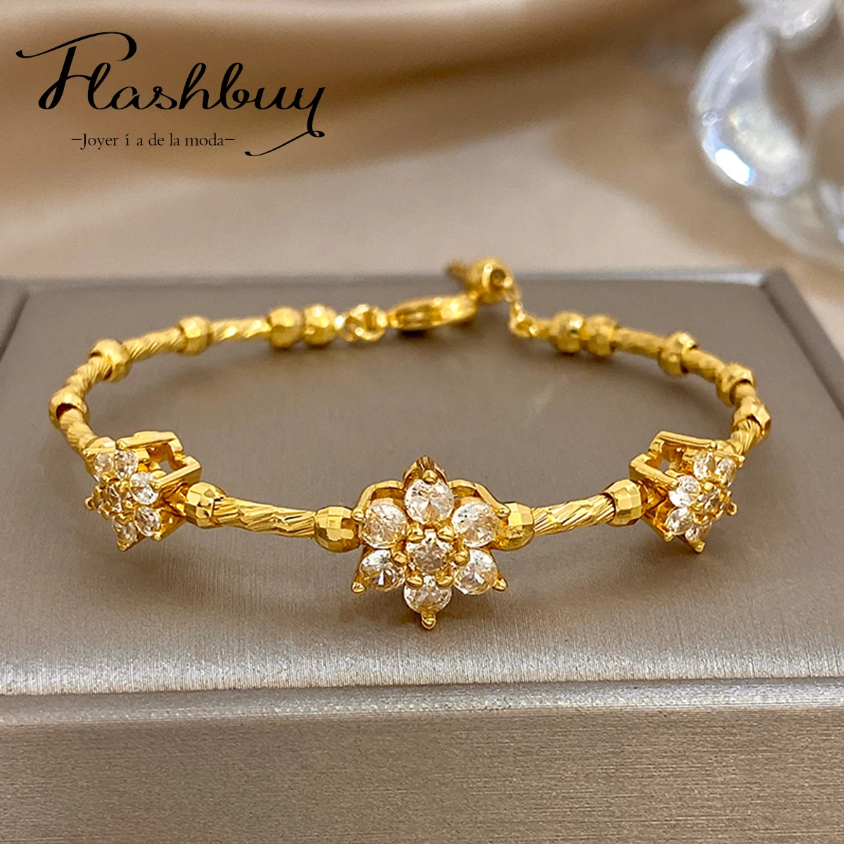 Flashbuy Trend Exquisite Women's Bracelet Gold Color Chain Inlay Zircon Flower Stainless Steel Bracelets Statement Accessories