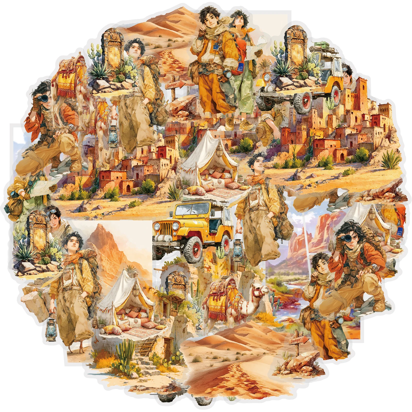 Etori Life Desert Exploration 15 Stück Vintage Desert Adventure Handgezeichnete Aufkleber Western-Stil Charakter Szene Journal Dekoration Aufkleber für Abenteuerbegeisterte, Laptop, Telefonaufkleber,
