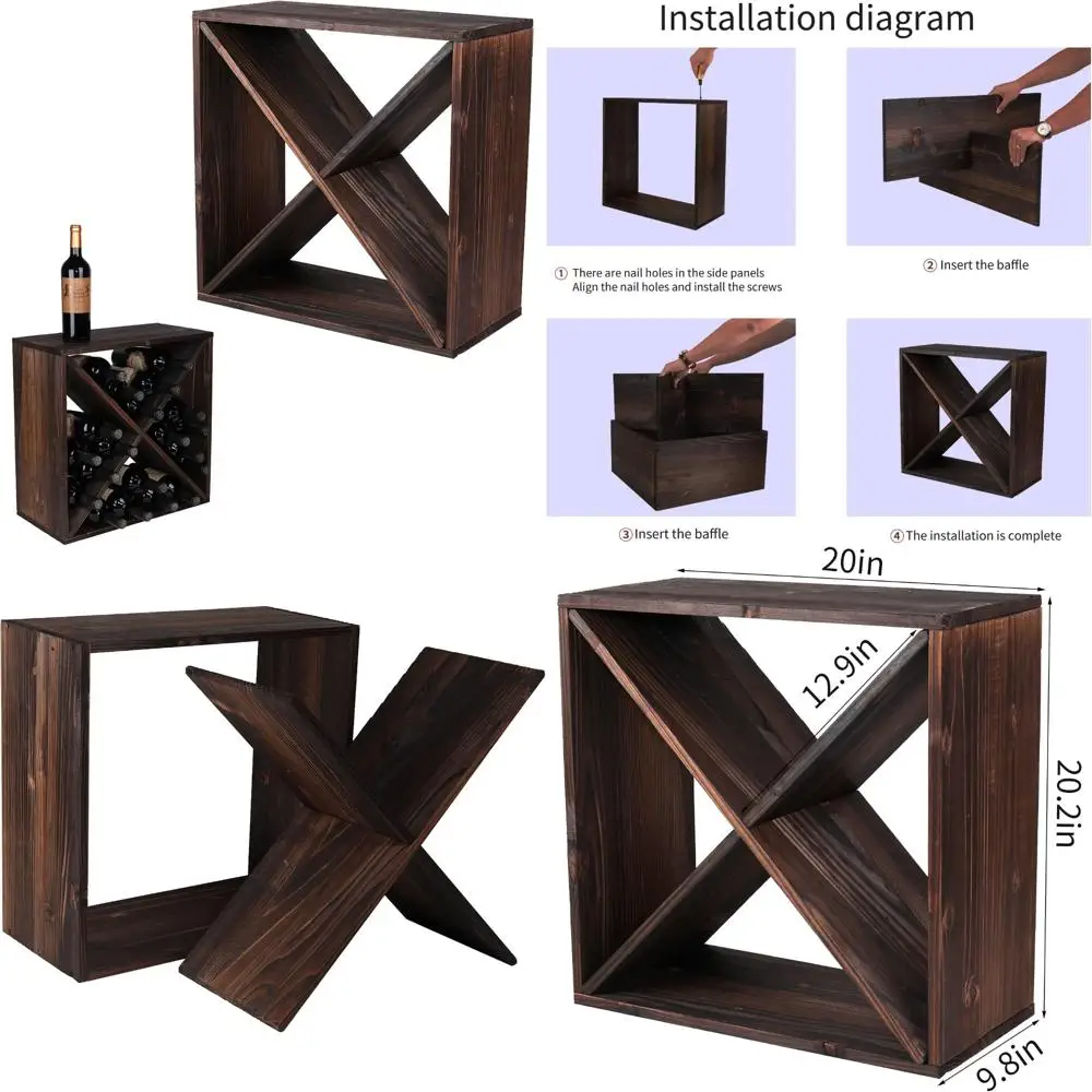 

Штабелируемая деревянная подставка для вина в форме куба — хранилище для 24 бутылок, деревенский ретро-дизайн, темно-коричневая отделка