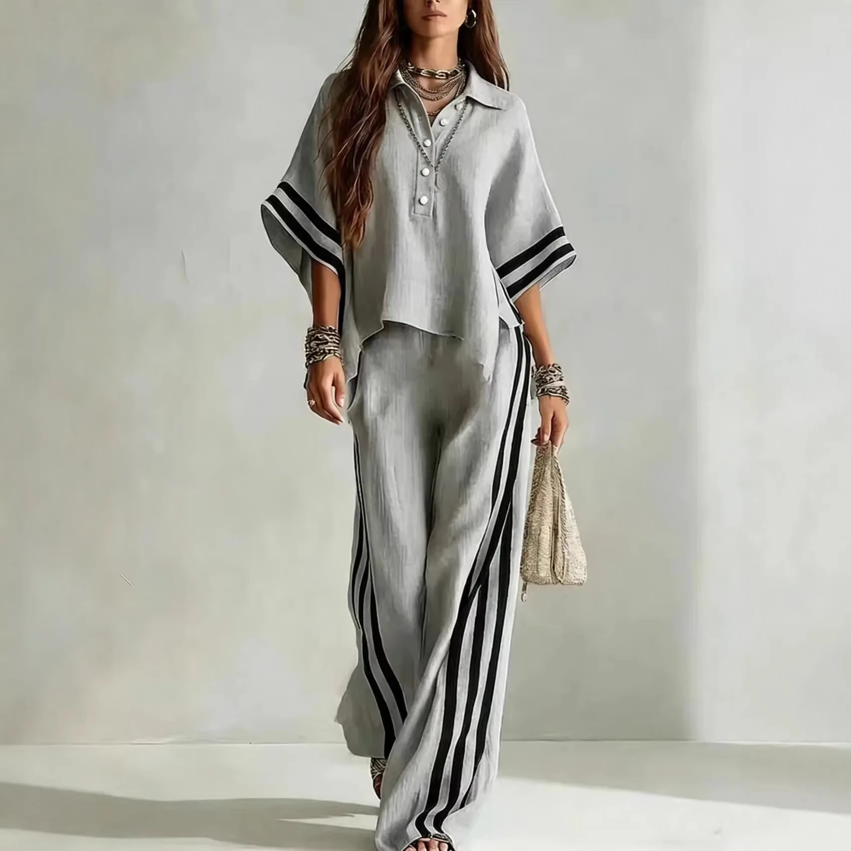 

New 2026 Spring Summer Women Three-quarter Sleeve Lapel T-shirt Tops + Loose Striped Pants Female Casual Two-piece Clothing Set