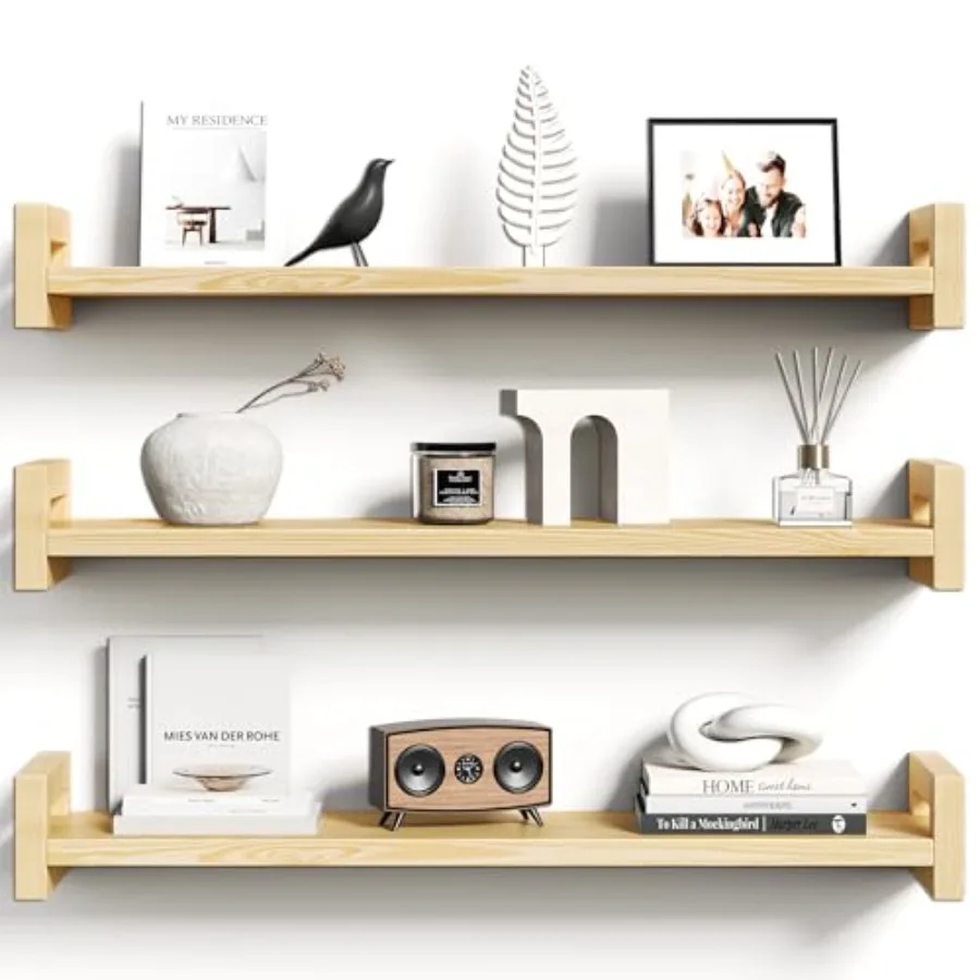 

Floating Shelves for Wall, Set of 3 Solid Wood Wall Mounted Shelves, 23.6" Display Shelf for Bedroom, Living Room, Bathroom, an