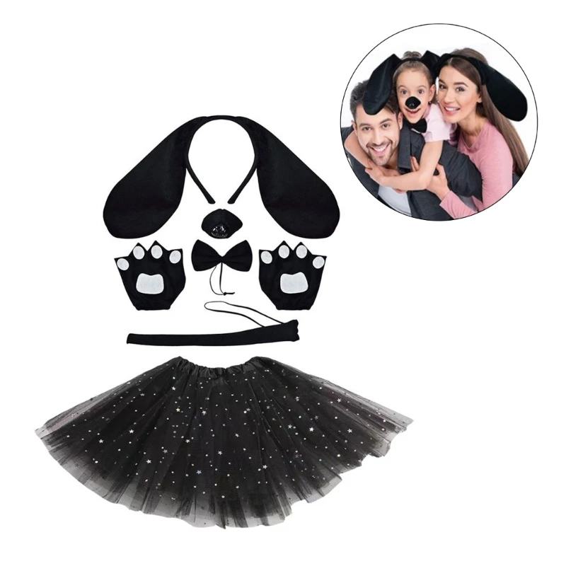 Child Dog Costume Accessories Dog Ear Headband Tail Glove Bowtie Skirt for Boy Girl Christmas Halloween Cosplay Party