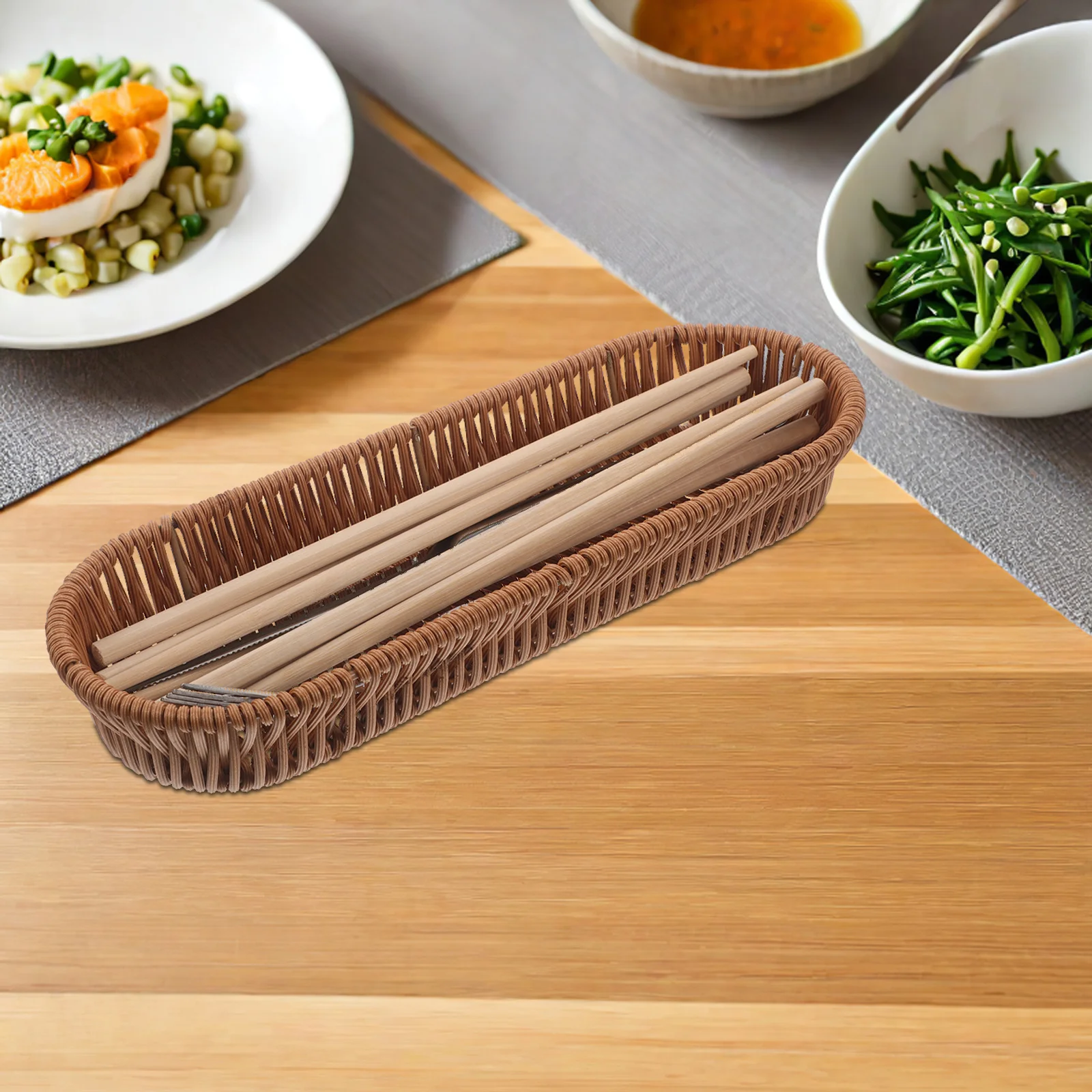 

Hand Woven Cutlery Basket Natural Imitation Rattan Silverware Organizer for Kitchen Countertop Storage of Flatware Spoons Forks