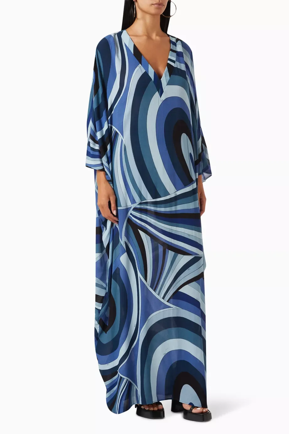 Luxury Designer High-Quality Summer Women's Jessy Silk Printed Kaftan Dress Loose Maxi in Navy Blue