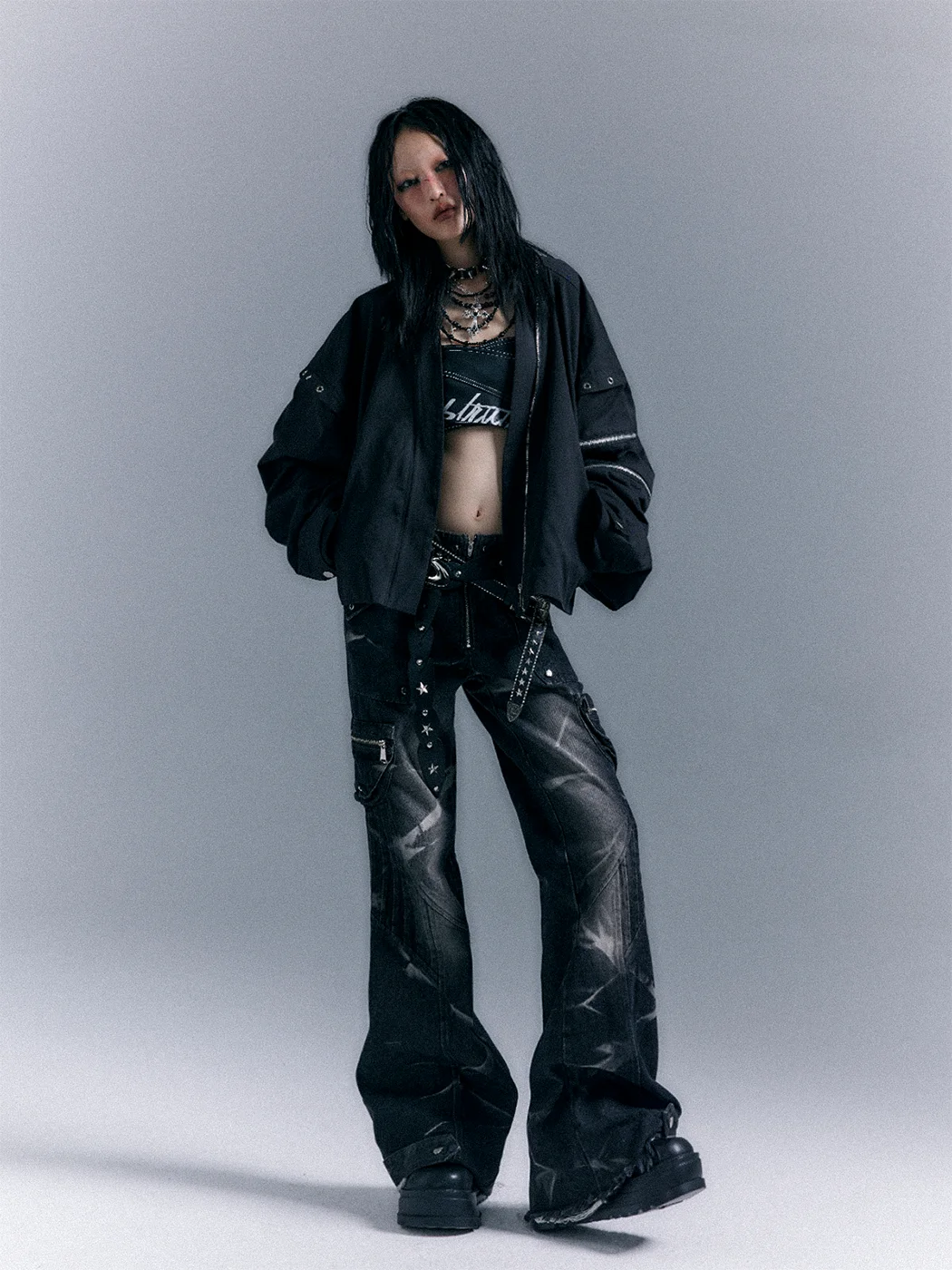 Original Streetwear Punk Heavy Industry Low Waist Rivets Denim Pants Vintage Washed Hot Girls Slight Flare Gothic Black Trousers