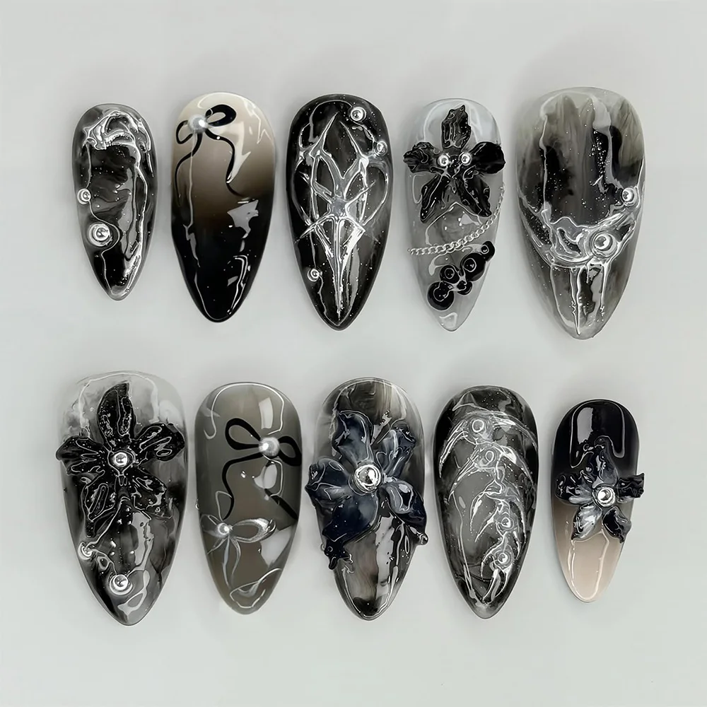 24 Stück Schwarze Gothic Press-on Nägel, mittellange Mandel-Kunstnägel, Goth-Blumen-Acryl-Maniküre-Tips, 3D-Blumen, Schleifen- und Farbverlauf-Designs