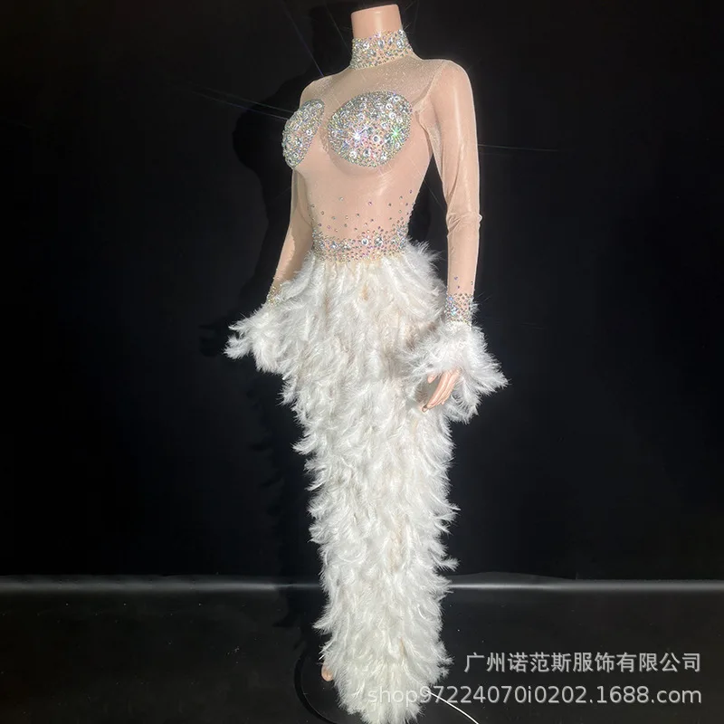 High Sense Witte Zwaan Temperament Taille Veren Jurk Zanger Prestaties Mode Zingen Kleding Jaarvergadering Jurk Abendkleid