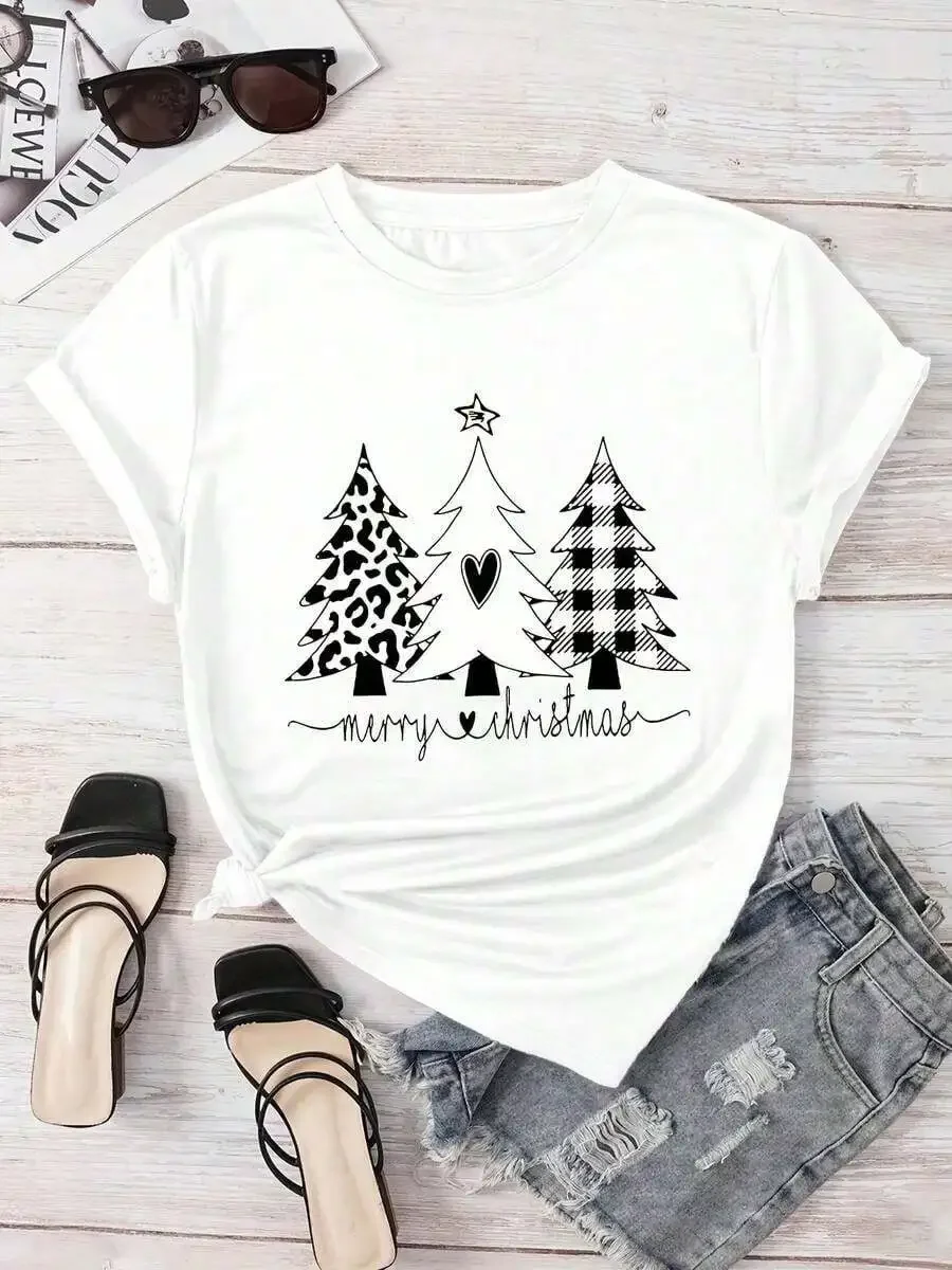 Women's Christmas Tree Graphic Print T‑Shirt Crew Neck Short Sleeve Holiday Christmas Casual Tee Top Lady Clothes Free Shipping