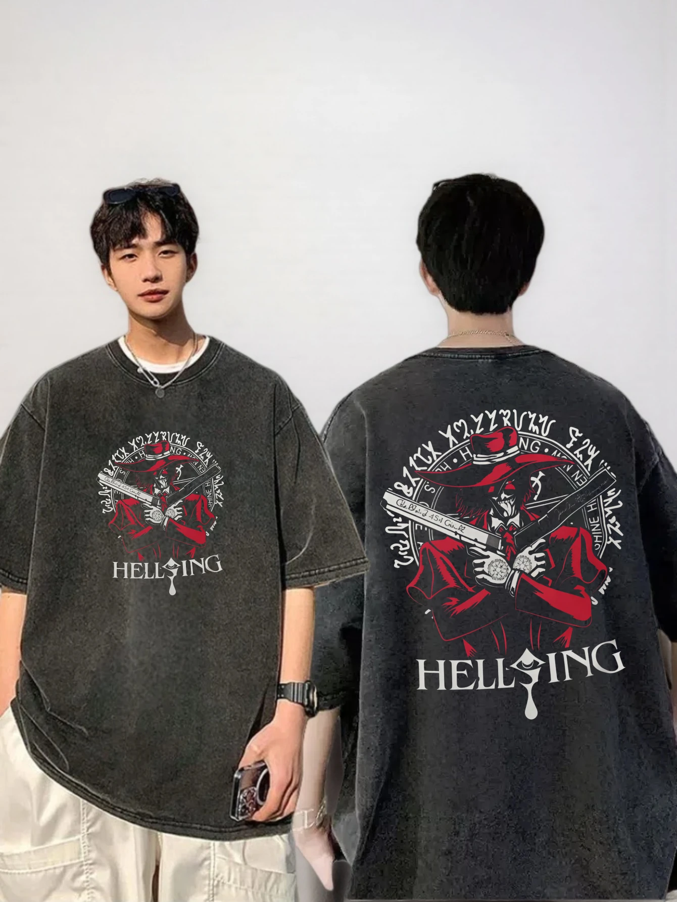 Unisex Retro Hellsing Anime T-shirt - Loose Black Vampire Pattern Short Sleeve Casual Retro Anime Top view 6
