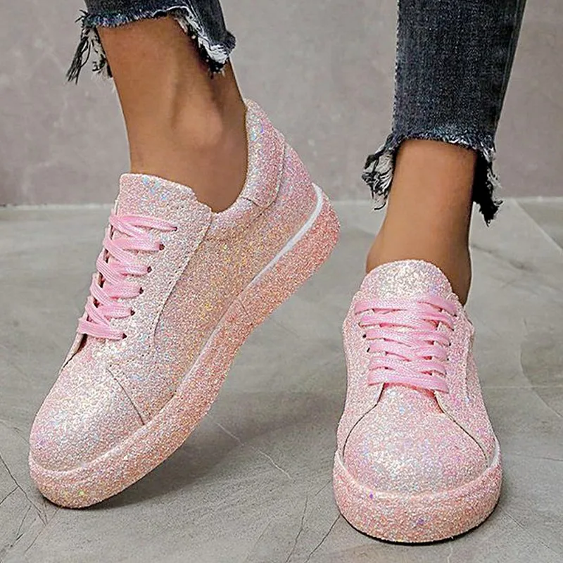 Spring and autumn big size new flat casual glitter lace-up low top sports shoes women shoes zapatos de mujer sneakers