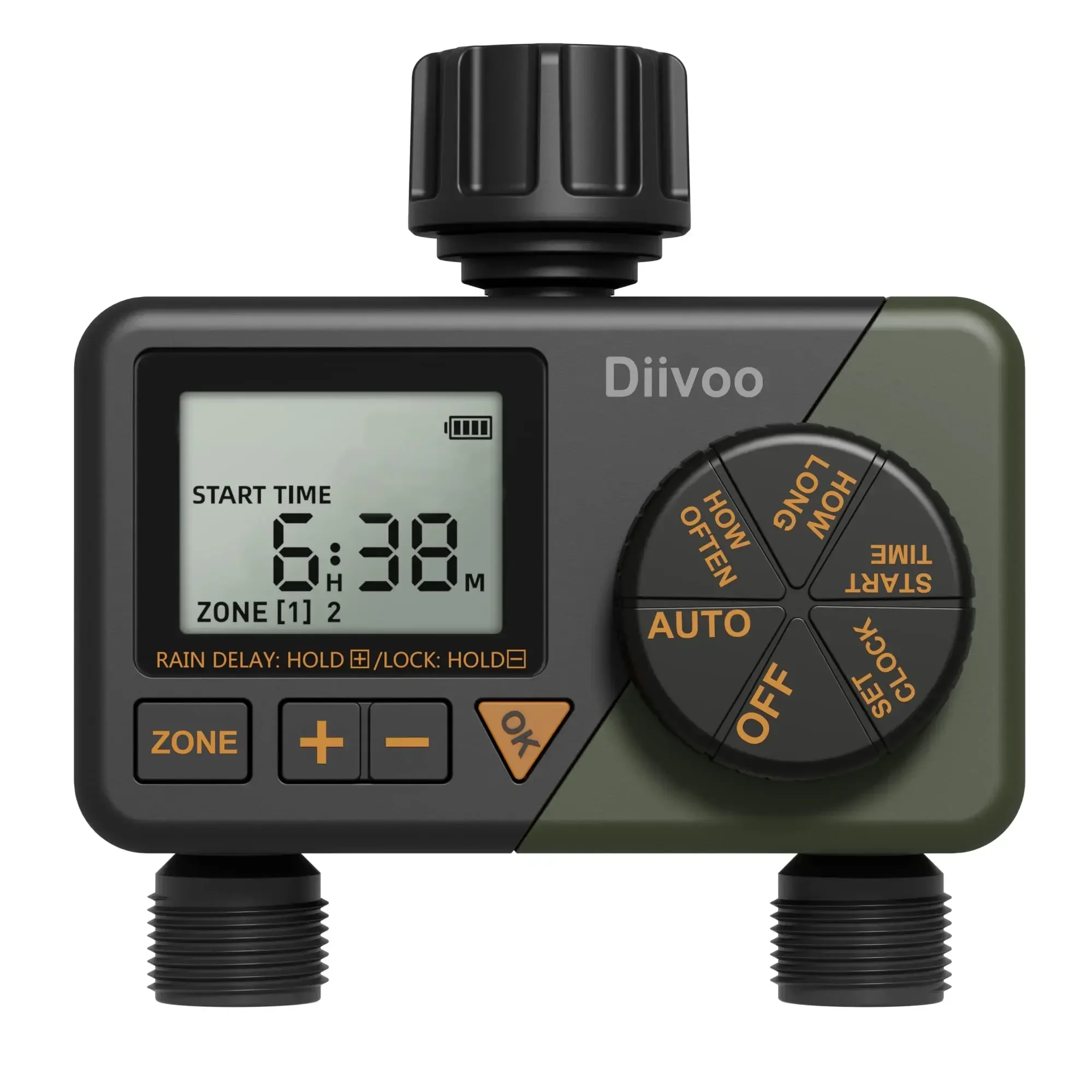 

Diivoo Programmable Water Hose Timer 2 Outlet for Garden, Automatic Irrigation Timer IP54 with Rain Delay/Manual/Auto Mode