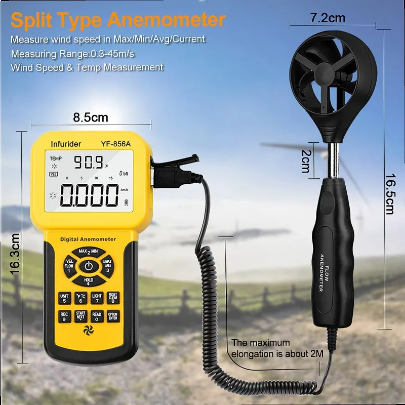 856-A AIR FLOW ANEMOMETER, Digital Wind Speed Meter CFM HVAC Air Velocity Temp