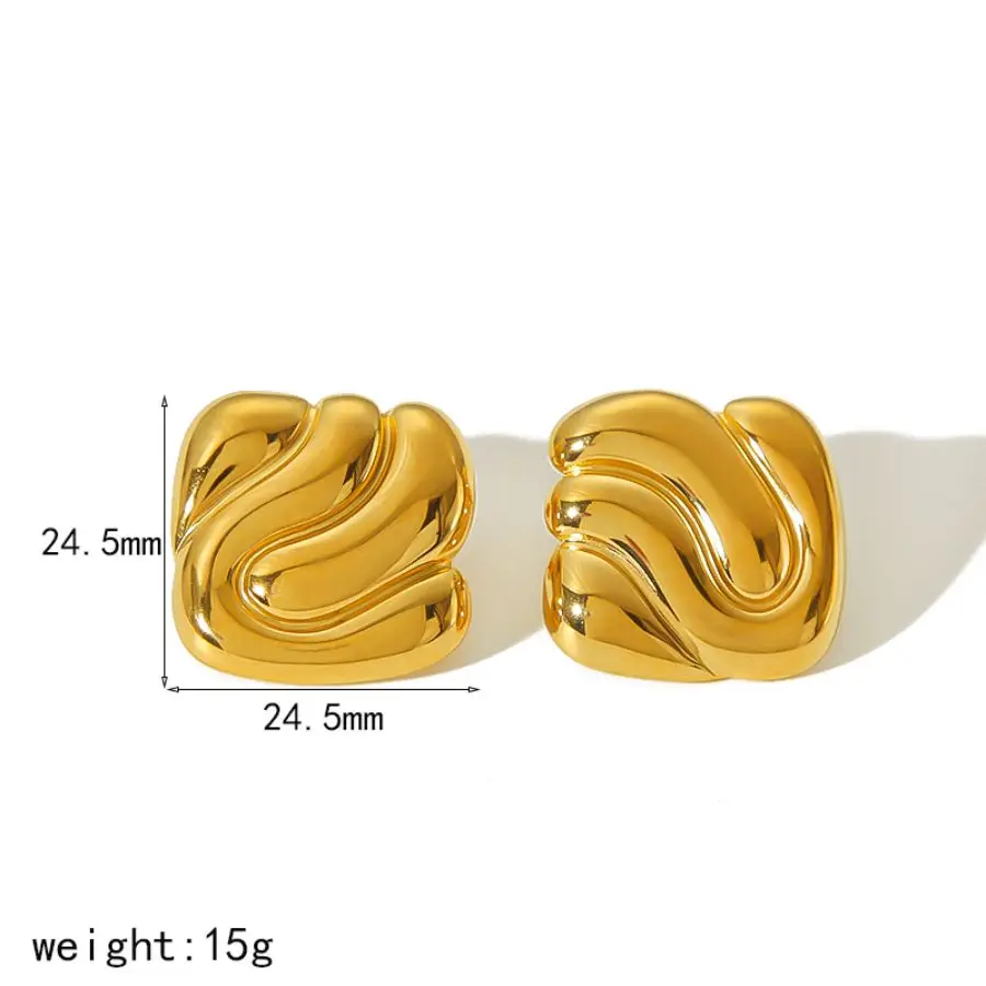 Fashion 18k Gold Plated Wave Texture Stud Earrings Non Tarnish Waterproof Chunky Geometric Square Earrings Jewelry for Women