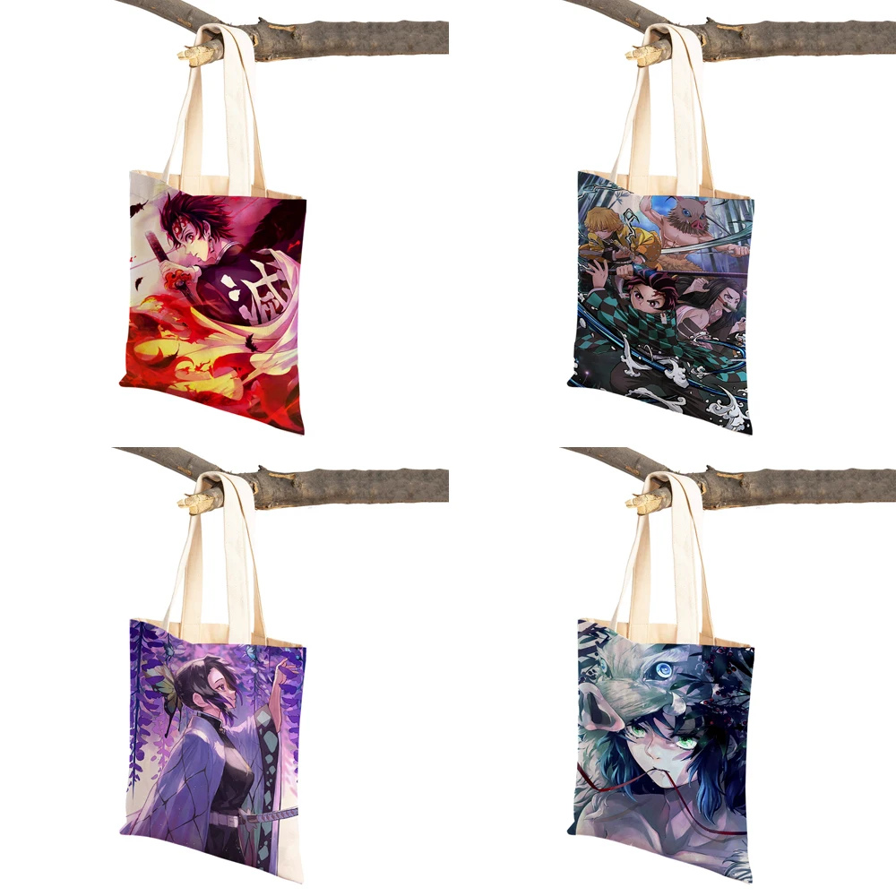 Demon Slayer Lady Shopping Bags Japan Anime Reusable Foldable Eco Canvas Women Shopper Bag Cartoon Travel Tote Handbag