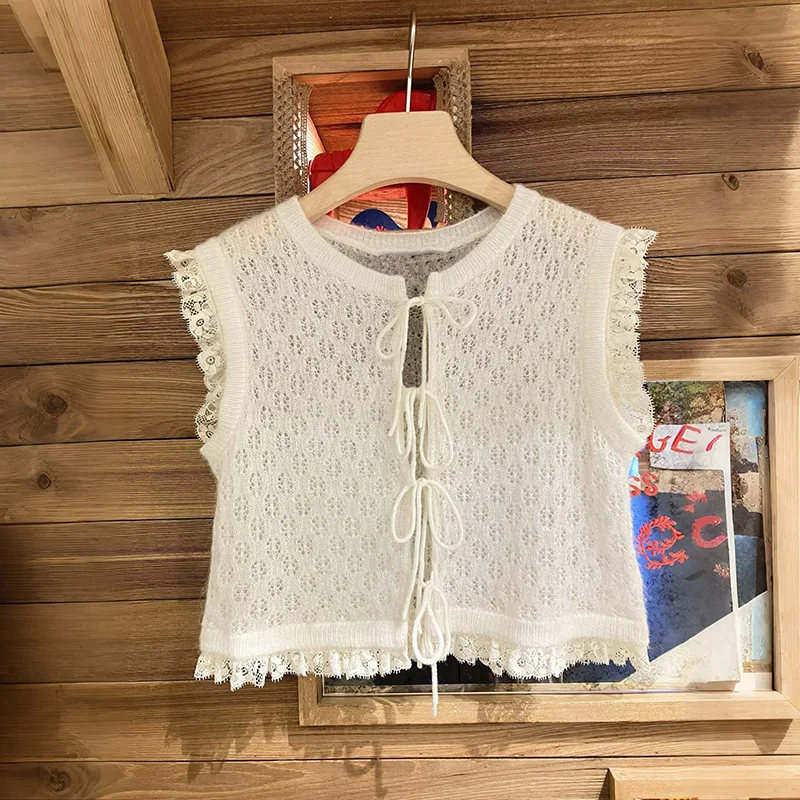 

Withered 2026 Summer Soft Glutinous Lace Hook Flower Hollow Lace Edge Sleeveless Round Neck Short Knitted Sweater