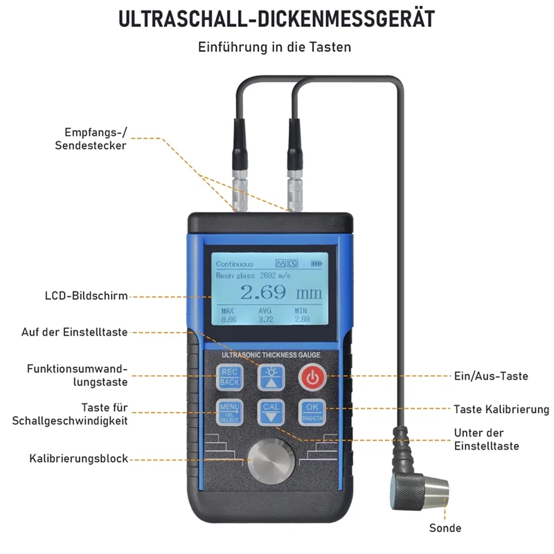 

HJ-Ultrasonic Thickness Gauge Paint Thickness Tester 1.0-350Mm Suitable Forvarious Materials Digital LCD Display