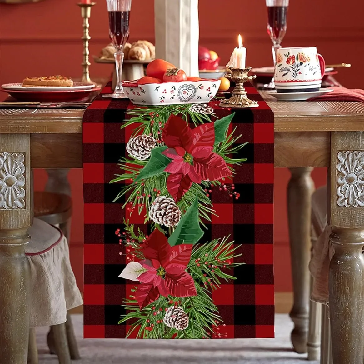 4PCS 35*180CM Buffalo Plaid Christmas Table Runner, Polyster Poinsettia Pine Cone Dining Table Decoration For Xmas Holiday Party