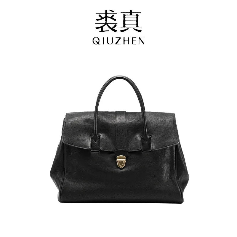 Qiuzhen Vintage Vegetable-Tanned Full-Grain Cowhide Leather Handheld Briefcase for Women - Large Capacity Commuter Bag