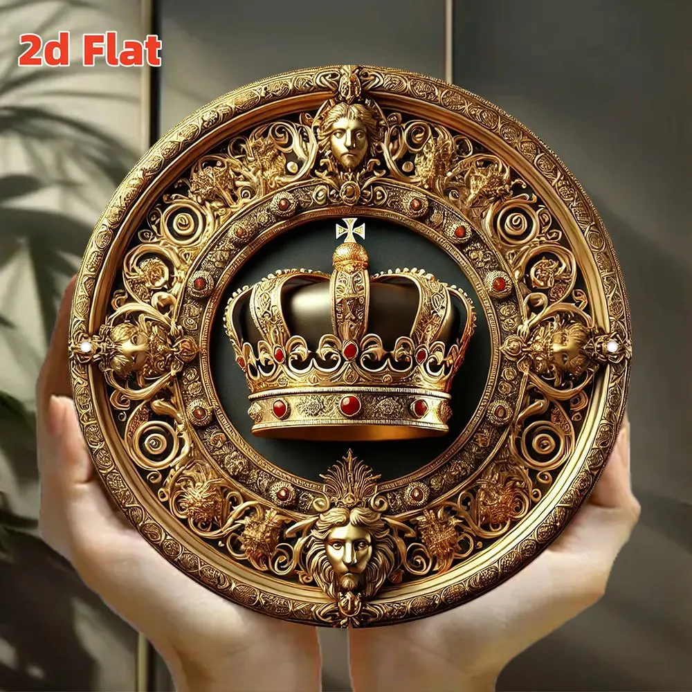 2D Flat printing Metal iron sign Golden Crown Wall Art Decor - Metal Sign with Ornate Scrollwork & Red Synthetic Gemstonestones