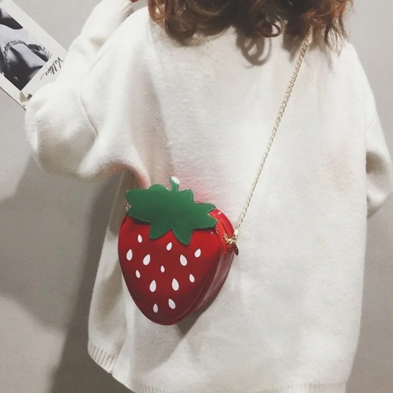 Women's Cute Patent Leather Summer Strawberry Shape Chain Bag Creative Fruit Girl Shoulder Crossbody Bag image 5
