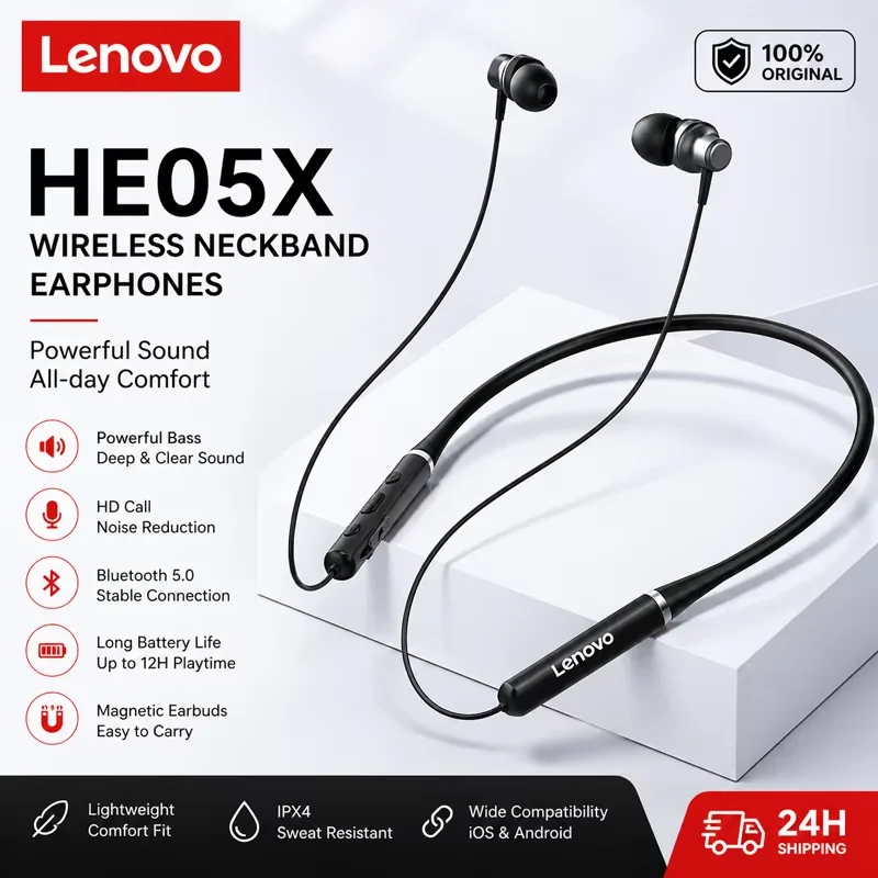 Origial Lenovo HE05X Ⅱ Magnetic Neck Strap Earphones Wireless Bluetooth V5.0 Neckband Headphones Waterproof Sport Headset