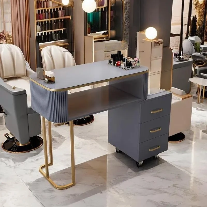 Luxury Modern Iron Manicure Table with Locker Nail Shop Desk for Salon Workshop Bedroom Mall Wood