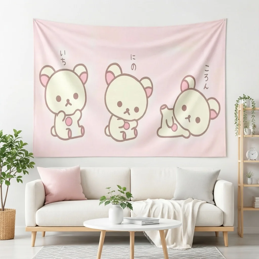 Cute Bears Tapestry 2D Flat Polyester Wall Hanging Cozy Kids Room Bedside Decor Healing Home Accent Gift Wall Art