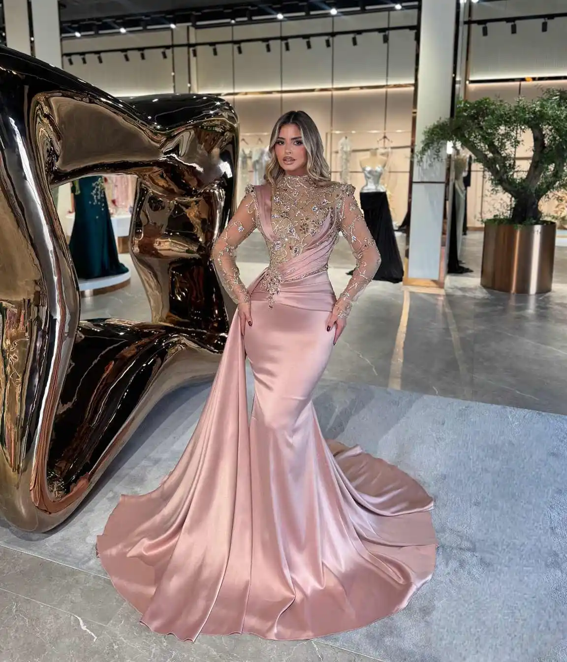 Customzied Graceful Prom Dresses Pink Mermaid With Appliques Full Sleeve Bridal Gowns Floor-Length Plus Size Robe De Mariee